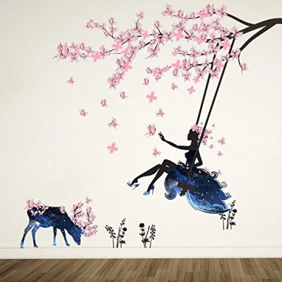 Image of ufengke Girl on Tree Swing &amp; Moose Silhouette Wall Art Stickers With Pink Butterflies Decorative Removable DIY Vinyl Decals Living Room, Bedroom Mural