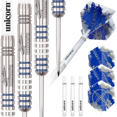 Image of Unicorn Steel Tip Darts Set Gary &#039;The Flying Scotsman&#039; Anderson Silver Star 80% Natural Tungsten Barrels with Blue Accents 21 g
