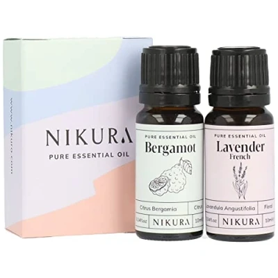 Image of Nikura Bergamot &amp; Lavender Essential Oil Set 2 x 10ml Oils for Diffusers Home, Hair Oil, Sleep, Soap Making, Candle Aromatherapy, Strong Fragrance Pure Natural