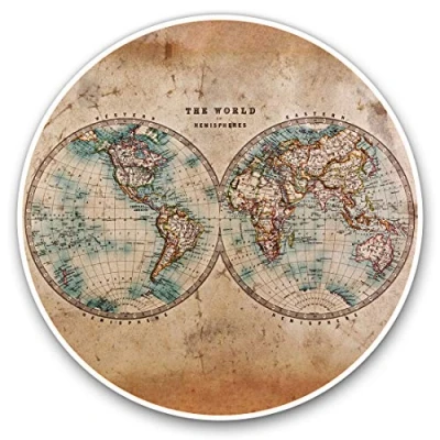 Image of Awesome Vinyl Stickers (Set of 2) 20cm World Hemispheres Vintage Style Map Fun Decals for Laptops,Tablets,Luggage,Scrap Booking,Fridges #14392