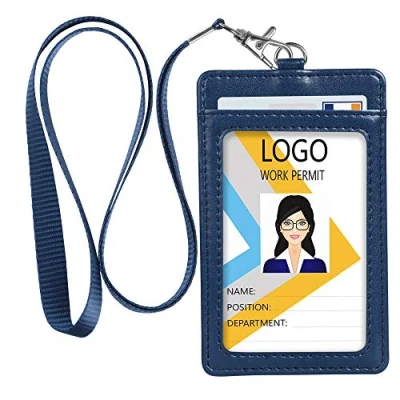 Image of Teskyer Card Holder with Lanyard, ID Badge Clear Window and Holds 2 Cards, PU Leather Vertical for Offices, Schools, Bus Passes, Blue