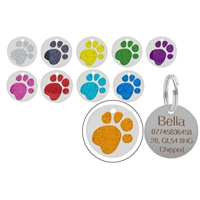 Image of JK Personalised Engraved Round Glitter Paw Print Dog/Cat Pet ID Tag Small/Large (36mm Extra Large, Orange)