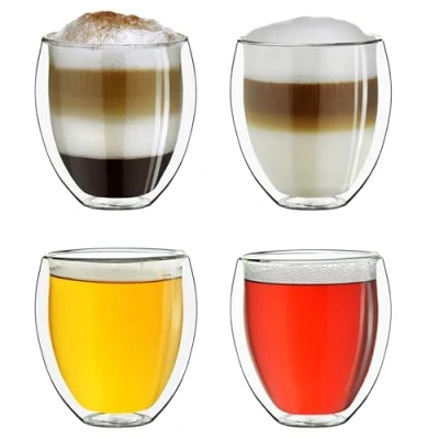 Image of Creano Double Walled Coffee Glasses 400ml Insulated Latte Macchiato Cups Cappuccino, Tea Handmade Heat Resistant Mugs 4 pcs (Pack of 1)
