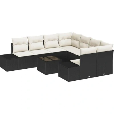 Image of vidaXL 9 Piece Garden Sofa Set with Cushions Black Poly Rattan