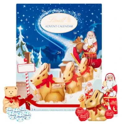 Image of Lind&#039;ts Advent Calendar 2024 160g Milk Chocolate Reindeer, Santa, Napolitians, Snowdrops, and Lindor Mini Truffles Perfect Christmas with gift tag