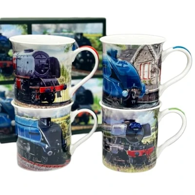Image of Darthome Set of 4 Classic Trains Mugs 300ml Fine China Steam Engine Drinks Coffee Cups