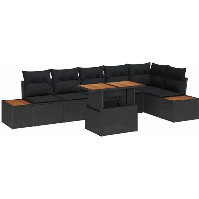 Image of vidaXL 7 Piece Garden Dining Set with Cushions Black Poly Rattan Acacia