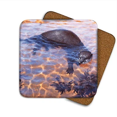 Image of Otter Drinks Coaster by Wildlife Artist Julian Friers Individual Non Slip, Cork Backed Table