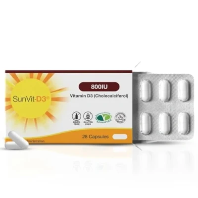 Image of SunVit D3 Vitamin D 800IU Capsules Cholecalciferol Support the Maintenance of Bone, Teeth, Muscle &amp; Immune System Made in UK GMP Approved Vitamins 28 Convenient