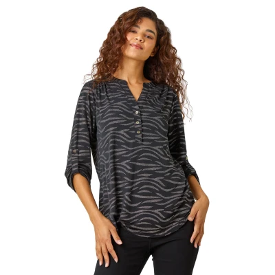 Image of Roman Womens Animal Print Glitter V Neck Stretch Top Black Size 10 UK