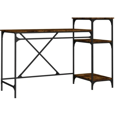 Image of vidaXL Desk with Shelves Smoked Oak 135x50x90 cm Engineered Wood&amp;Iron