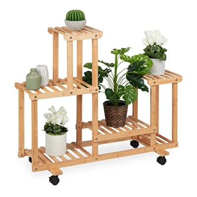 Image of Plant Stand, 6 Shelves, Wheels, Flower Rack, Indoor, h x w d: 79 95 36 cm, Bamboo, Natural Relaxdays