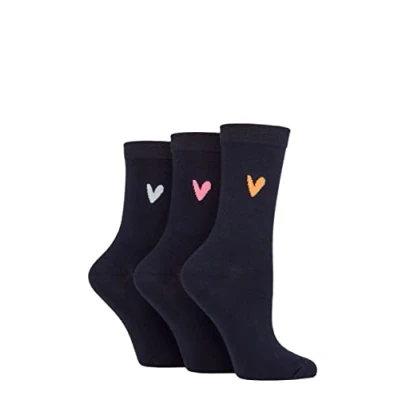 Image of Women&#039;s 3 Pair Caroline Gardner Patterned Cotton Socks Navy Heart 4 8 Ladies