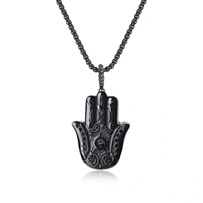 Image of COAI Stainless Steel Chain Obsidian Stone Hamsa Hand Pendant Necklace