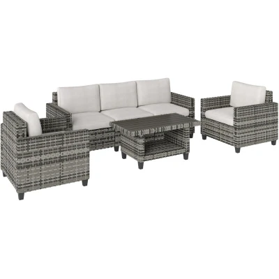 Image of Outsunny 6 Pieces Rattan Garden Furniture Set, 5 Seater Wicker Outdoor Set with 2 Armchairs, Steel Frame Coffee Table and Cushions for Balcony, Porch, Light Grey