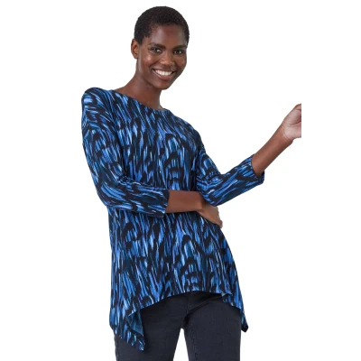 Image of Roman Originals Abstract Print Tie Back Stretch Top for Women UK Ladies Everyday Holiday Spring Summer Round Neckline Comfy Soft Evening Vacation Work Party Blue Size 10