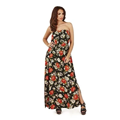 Image of Pistachio Women&#039;s Black Red Rose Print Long Bandeau Maxi Summer Dress L