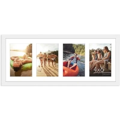 Image of Americanflat 8x20 Panoramic Picture Frame in White Four 6x4 Photo Openings Multi Aperture Collage with Horizontal and Vertical Format for Wall Tabletop