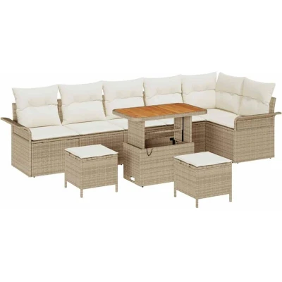 Image of Vidaxl 9 Piece Garden Sofa Set with Cushions Beige Poly Rattan Acacia