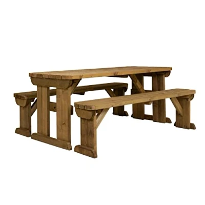 Image of Arbor Garden Solutions Wooden picnic table and benches set, Aspen rounded patio furniture (5ft, Rustic Brown)