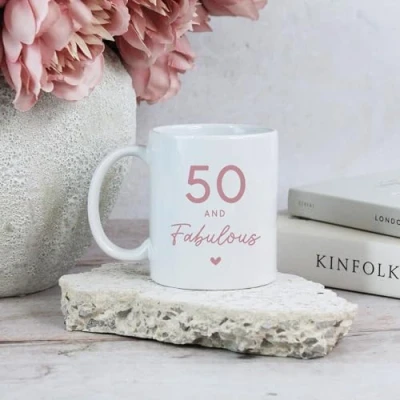 Image of eBuyGB Printed Coffee Mug, 50 &amp; Fabulous Ceramic Tea Cup, Milestone Birthday, 50th Birthday Gift for Her, Mum, Auntie, Friend