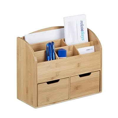Image of Relaxdays Bamboo Desk Organiser, Letter Holder, 6 Compartments, 2 Drawers, Wood Grain, 25.5 x 33 13.5 cm, Natural Brown, cm