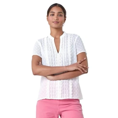 Image of Roman Originals Textured Spot Lace Trim Top for Women UK Ladies Everyday Holiday Spring Summer Notch Neckline Comfy Soft Evening Vacation Work Party Ivory Size 18
