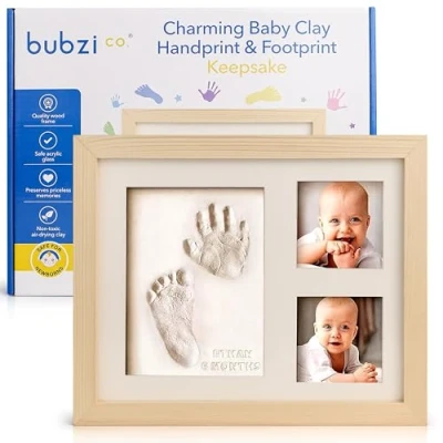 Image of Bubzi Co Baby Footprint Kit, Foot and Hand Print Keepsake Frame, Nursery Pictures Frames, Mold New Mom Gifts (Natural Wood)