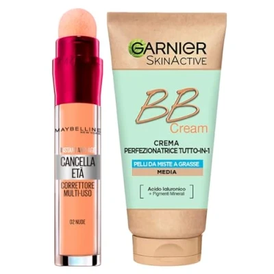 Image of Garnier Skinactive BB Cream Moisturizing Perfecting Face All in 1 SPF25 Medium Shade + Erase Age Multipurpose Liquid Concealer 02 Nude with Sponge Applicator