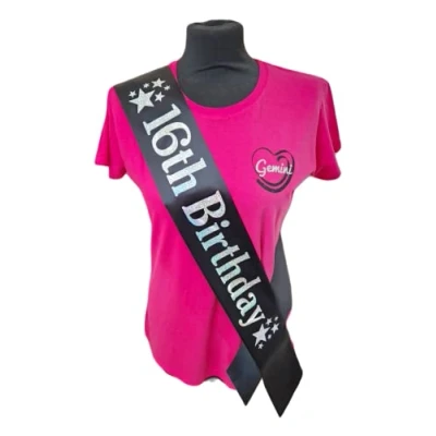 Image of 16 Birthay Sash Black 16th Birthday Star Beautiful Quality Ribbon and Holographic Silver Font