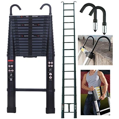 Image of 6.2M/20.35ft Aluminium Extension Telescopic Ladder Multi Purpose Foldable Ladders and Roof Hook Portable Space Saving EN 131 Certificate Max Load 150kg/330lb for Attic Loft Black