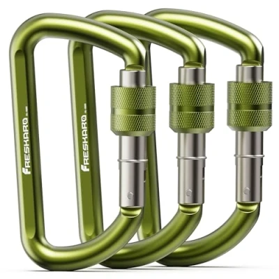 Image of FresKaro Carabiner Clip Heavy Duty, Strong 12kN Screw gate Aluminum Carabina, Locking Karabiner Hooks, 3 Inch, Lightweight, Lockable for Dog Lead, Hammocks, Swing, Camping, Key, D Shaped, 3Pack Green