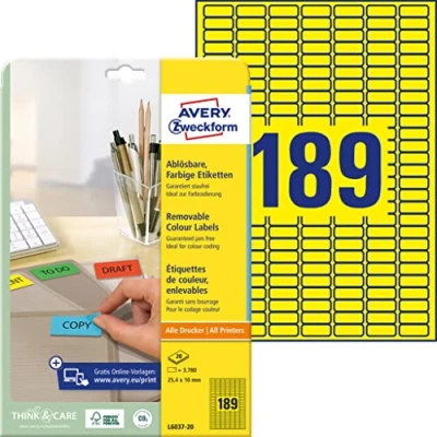 Image of Avery Zweckform L6037 20 Coloured Mini Labels 25.4 x 10 mm for Colour Coding Pack of Sheets