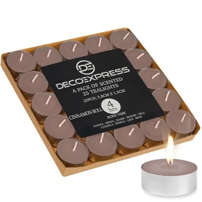 Image of DECO EXPRESS Tealight Candles Multipack of 200, 100, 50, 25 or 24, Burning Time 4, 8 10 Hours Tea Lights (Cinnamon Roll 25/4 Hour)