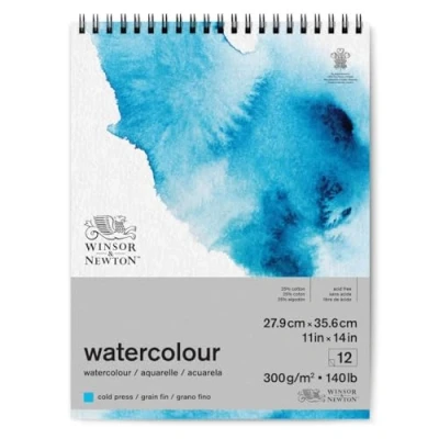 Image of Winsor and Newton Watercolour Paper Pad, 27.9 x 35.6 cm, 12 Sheets, 300 g/m�, Spiral Bound, Cold Pressed, Acid , Mixture of 25 Percent Cotton Cellulose Fibres, Natural White