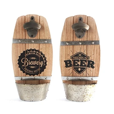Image of Wooden Wall Mounted Beer Barrel Keg Bottle Opener with Cap Catcher Home Bar Accessory Design Vary
