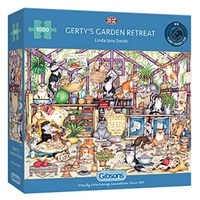 Image of Gerty’s Garden Retreat 1000 Piece Jigsaw Puzzle Cat &amp; Pets Sustainable for Adults Premium 100% Recycled Board Great Gift Gibsons Games