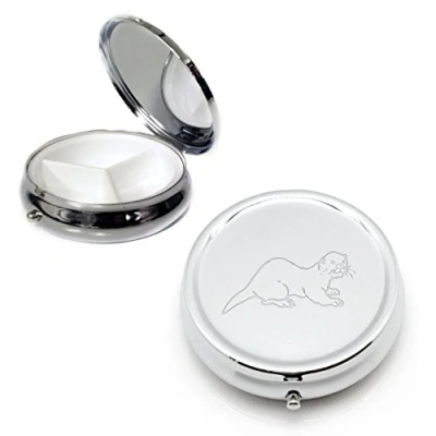 Image of Knight Silver Round Pill Box with Engraved Otter Design