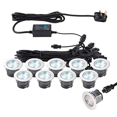 Image of IKON PRO Pack of 10 Colour Changing (CCT) Daylight White &amp; Blue LED 45mm Round Stainless Steel Outdoor Garden Decking Pathway Kitchen Plinth Lights Kit IP67