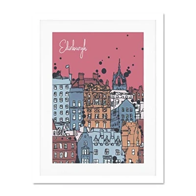 Image of Wee Blue Coo Edinburgh Capital Old Town Buildings Illustration Large Art Print Poster Wall Decor 18x24 inch Supplied Ready To Hang With Included Mount Brackets