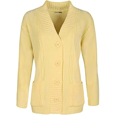 Image of High Street Fashion ® New Womens Ladies Matching Button Long Sleeve Pocket Top Knitted Cardigan Ideal for Casual and Formal wear Size UK 14 16 18 20 22 24 26 28 (26 28, Yellow, Numeric_26)