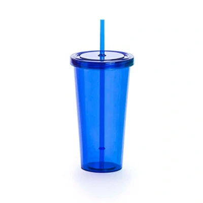 Image of eBuyGB 750ml / 26oz Reusable Plastic Tumbler with Straw and Lid Smoothie Cup &amp; Iced Coffee BPA Free (Blue)