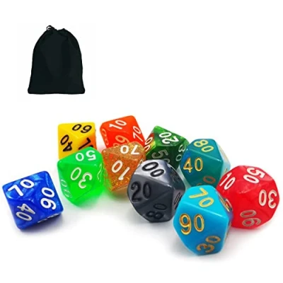 Image of Bescon 10pcs Set of Polyhedral D% Dice(00 90), 10 Count Assorted Random Multi Effected&amp;Colored Pack in Drawstring Pouch