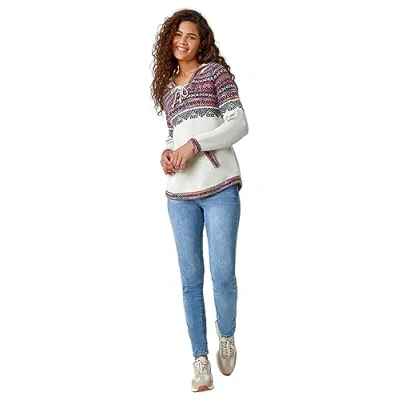 Image of Roman Originals Women Jumper with Hood Ladies Winter Hoodie Pockets Nordic Aztec Print Hooded Sweater Autumn V Neck Soft Festive Flattering Going Out Casual Smart Ivory Size 16