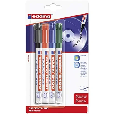 Image of edding 8400 CD/DVD/BD marker multi coloured 4 pens fine round nib 0.5 1 mm for permanent labelling of CDs, DVDs and Blu Ray Discs