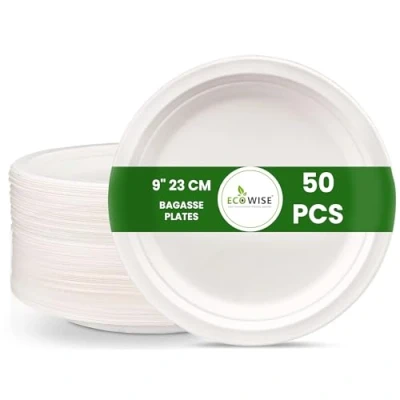 Image of EcoWise 9&quot; Strong Disposable Bagasse Plates Pack of 50 Used for HOT &amp; Cold Foods EcoFriendly Biodegradable Microwave Safe Large Party Plates, Dinner (50, 9 Inch)