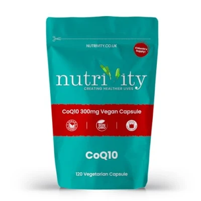 Image of CoQ10 Supplement 300mg Vegan Caps Co Enzyme Cq10 High Strength Naturally Fermented Ubiquinone Q10 Supplements Coenzyme Powerful Antioxidant UK Made Nutrivity (120)