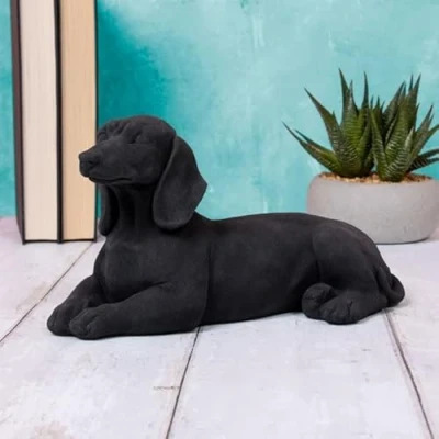 Image of Black Velvet Dachshund Laying Ornament Dog Puppy Velveteen Figurine