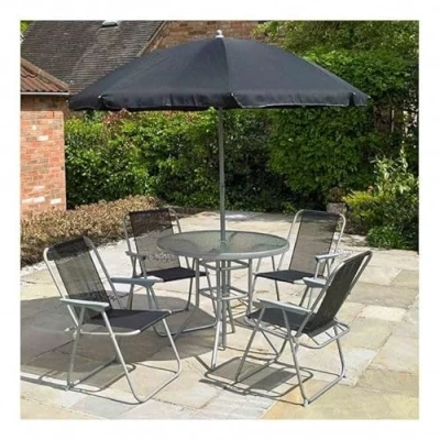 Image of Garden Mile Modern Folding 6 Piece Furniture Set Stylish Weatherproof Topped Table, Parasol Umbrella and 4 Chairs for Balcony, Patio Decor