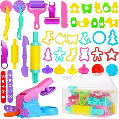 Image of Jiosdo Dough Tools and Cutters, 40 Pcs Set for Kids Toddlers, Modeling Clay Set, Plastic Accessories Extruders Rollers Molds with Storage Box, Creation Educational Toy Gift
